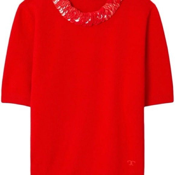 Tory Burch red top with sparkle collar - Picture 2 of 7